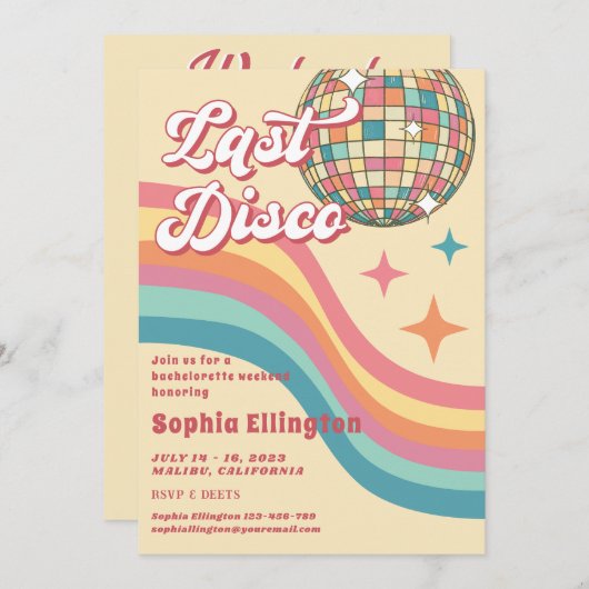Letzte Disco 70's Retro Bachelorette Wochenende Einladung (Vorne/Hinten)