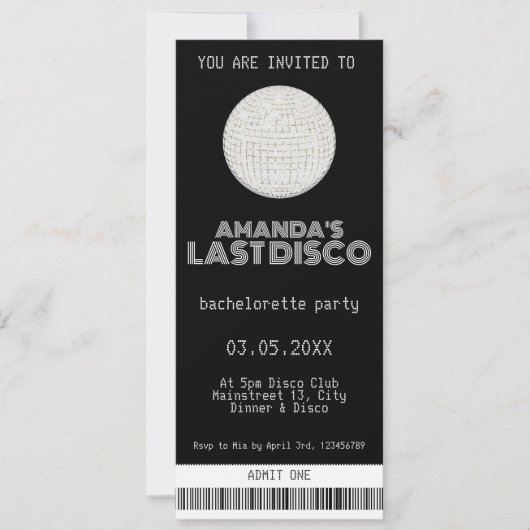 Letzte Disco Bachelorette - Silver Ticket Einladung (Vorderseite)