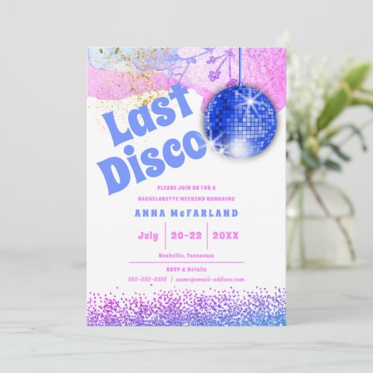 Letzte Disco Glam Retro Blue Pink Bachelorette Einladung (Stehend Vorderseite)