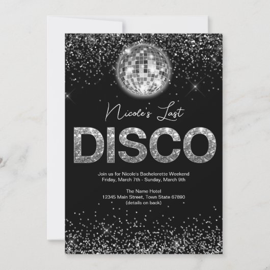 Letzte Disco Glamour Bachelorette Wochenende Einladung (Vorderseite)