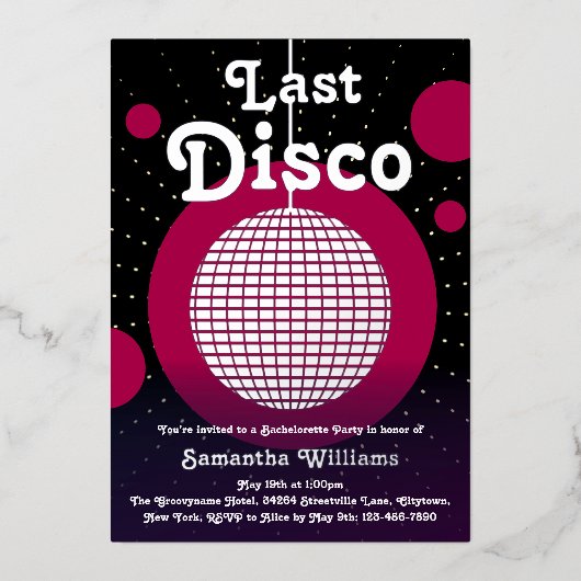 Letzte Disco Junggeselinnen-Abschied Einladung (Vorderseite)