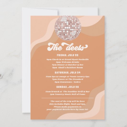 Letzte Disco Retro 70 Bachelorette Wochenendreise Einladung (Rückseite)