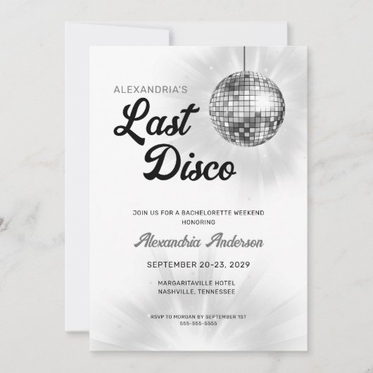 Letzte Disco Retro Bachelorette Wochenende Party Einladung (Vorderseite)