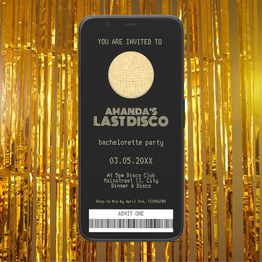 Letzte Disko Junggeselinnen-Abschied Golden Ticket Einladung