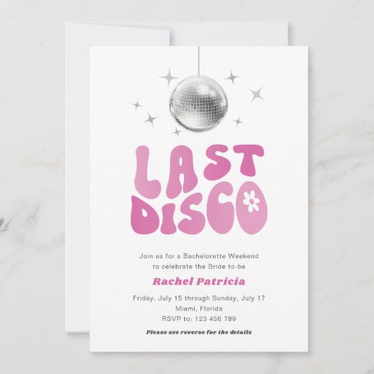 Letzte Diskothek, rosa Retro Bachelorette Wochenen Einladung (Vorderseite)