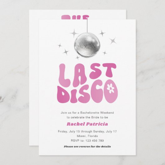 Letzte Diskothek, rosa Retro Bachelorette Wochenen Einladung (Vorne/Hinten)