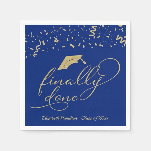 Letzte Gold Script Blue Graduation Party Serviette (Vorderseite)