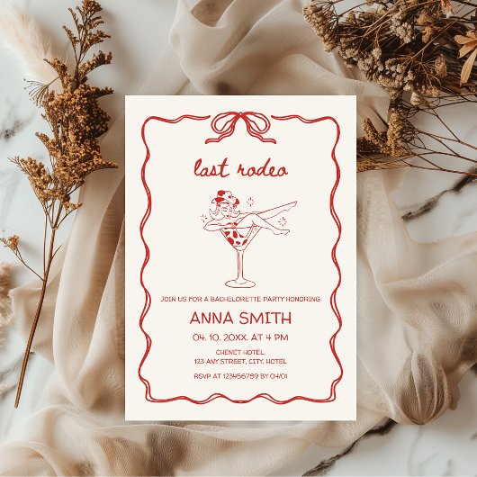 Letzte Rodeo Hand gezeichnet Cowgirl Red Bachelore Einladung