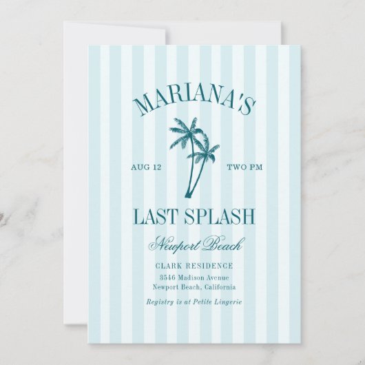 Letzte Splash Blue Aquamarin Palms Bachelorette Einladung (Vorderseite)