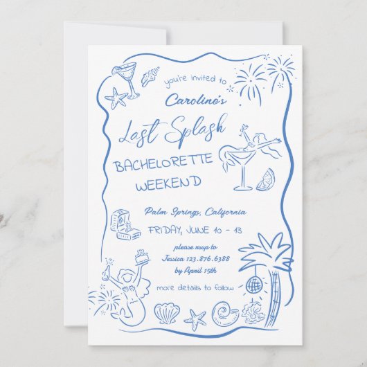 Letzte Splash Hand gezogen Beach Weekend Bachelore Einladung (Vorderseite)