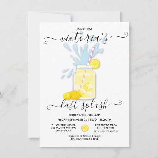 Letzte Splash Lemonade Pool Party Dusche Einladung (Vorderseite)