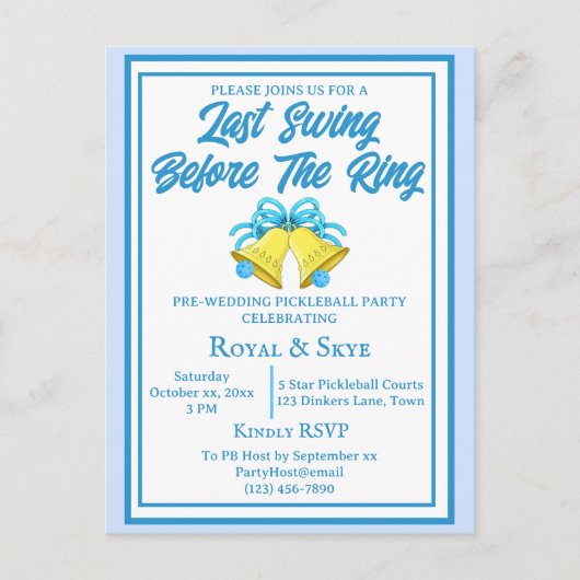 Letzte Swing vor der Ring Pickleball Hochzeit Blue Postkarte (Vorderseite)