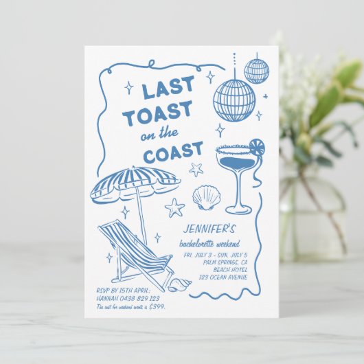 LETZTE TOAST RETRO DOODLE BACHELORETTE WOCHE EINLADUNG (Stehend Vorderseite)