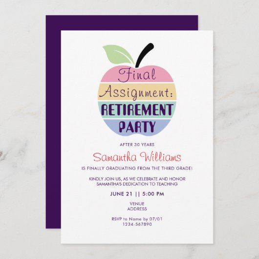 Letzte Zuweisung Apple Lehrer Rente Party Einladung (Vorne/Hinten)