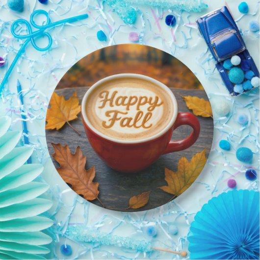 Letzter glücklicher Fall in einer roten Tasse mit Pappteller (Party)