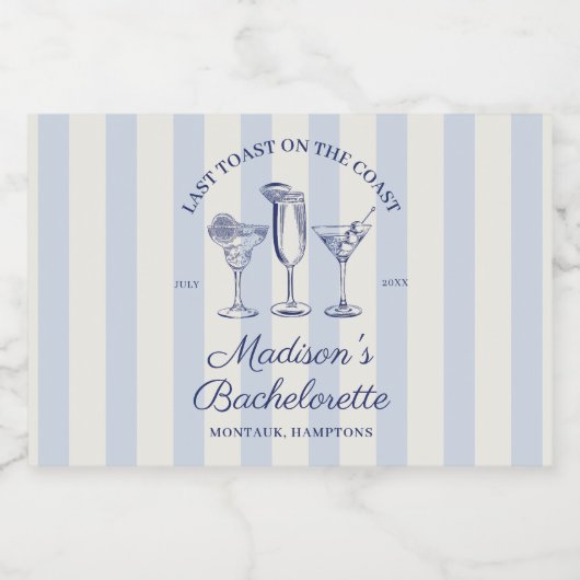 Letzter Toast an der Küste trostlos blau gestreift Schaumweinetikett (Einzelnes Label)