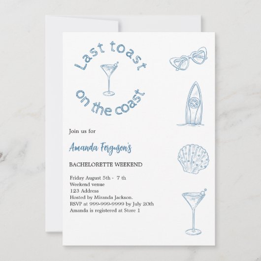 Letzter Toast auf der Küste Bachelorette Wochenend Einladung (Vorderseite)