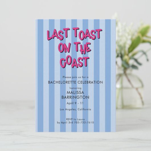 Letzter Toast Blue Striping Bachelorette mit QR-Co Einladung (Stehend Vorderseite)