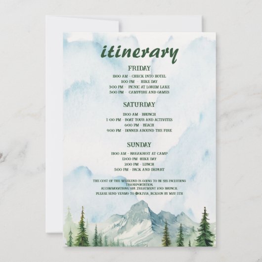Letzter Weg Camp Gebirge und Forest Bachelorette Einladung (Rückseite)