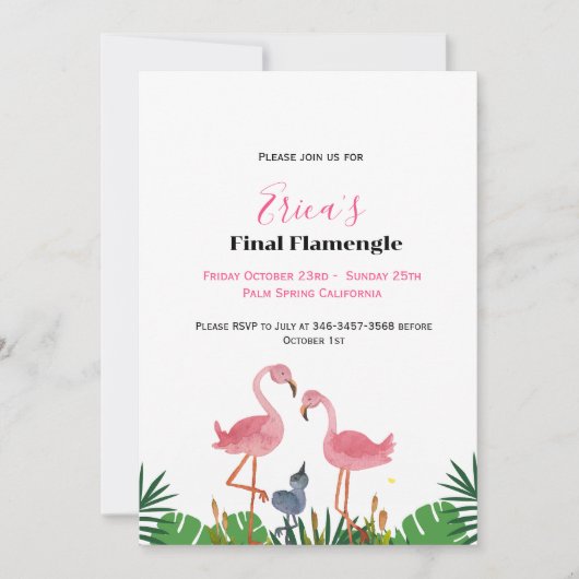 Letztes Flamengo Bachelorette & Wochenendreise Einladung (Vorderseite)