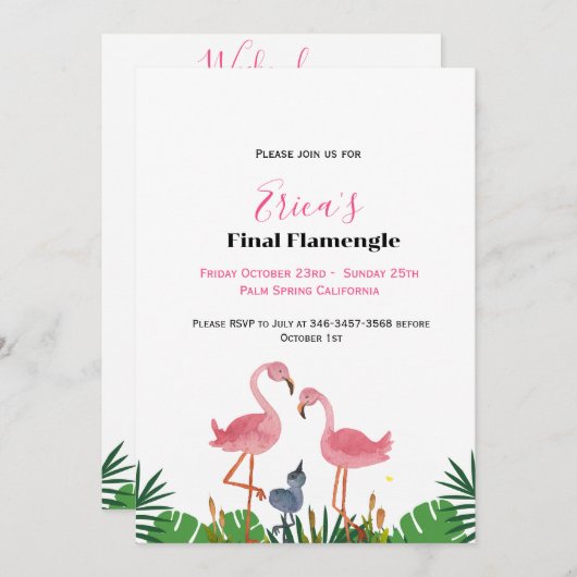 Letztes Flamengo Bachelorette & Wochenendreise Einladung (Vorne/Hinten)