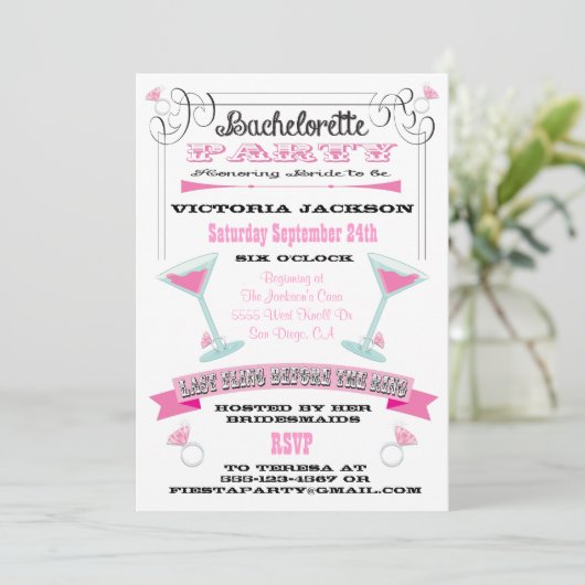 Letztes Fling vor dem Ring-Junggeselinnen-Abschied Einladung (Stehend Vorderseite)