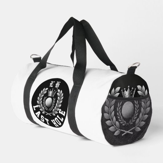 Letztes Loch Schwarz-Weiß-Monogramm-Wappen Duffle Bag (Rechte Ecke)