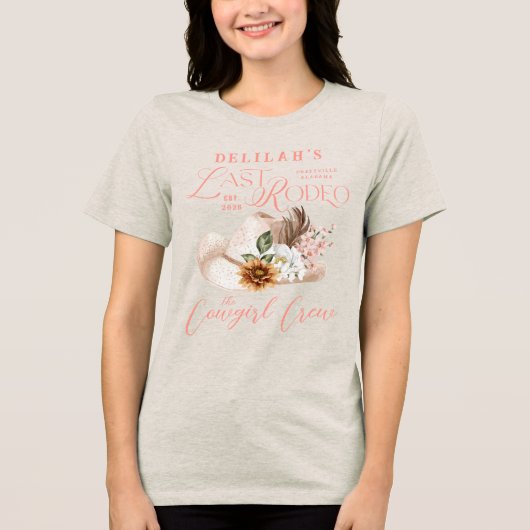 Letztes Rodeo Chic Cowgirl Hat Western Brautparty Tri-Blend Shirt (Vorderseite)