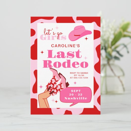 Letztes Rodeo Rot & Rosa Cowgirl Bachelorette Woch Einladung (Stehend Vorderseite)