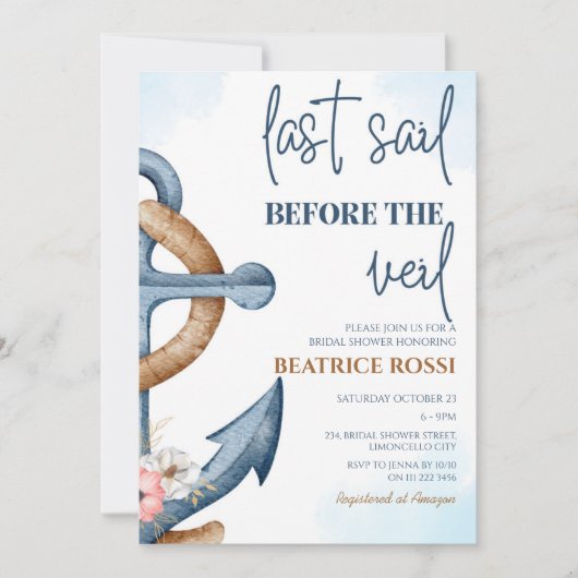 Letztes Segel vor dem Schleier nautischen Brautpar Einladung (Vorderseite)