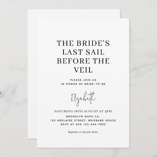 Letztes Segel vor dem Schleier | Weißes Brautparty Einladung (Vorne/Hinten)