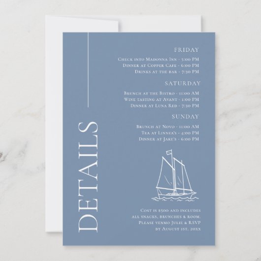 Letztes Segel vor dem Veil Bachelorette Wochenende Einladung (Rückseite)