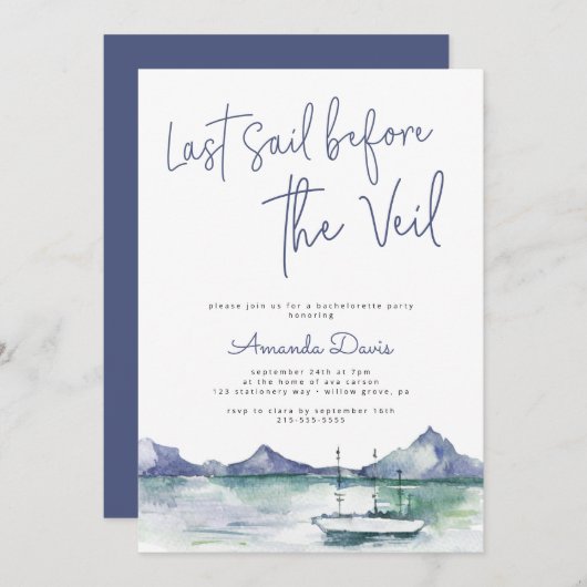 Letztes Segel vor Veil Nautical Modern Bachelorett Einladung (Vorne/Hinten)