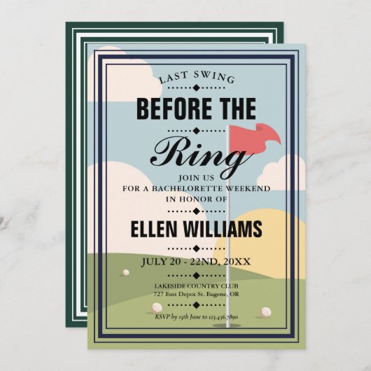 Letztes Swing Bachelorette Golf Weekend Party Einladung (Vorne/Hinten)