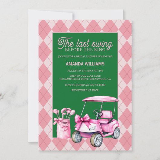 Letztes Swing Pink & Green Raute Golf Brautparty Einladung (Vorderseite)