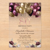 Leuchten, Burgund Glitzer Balloons 80. Geburtstag Acryleinladungen (Vorderseite)