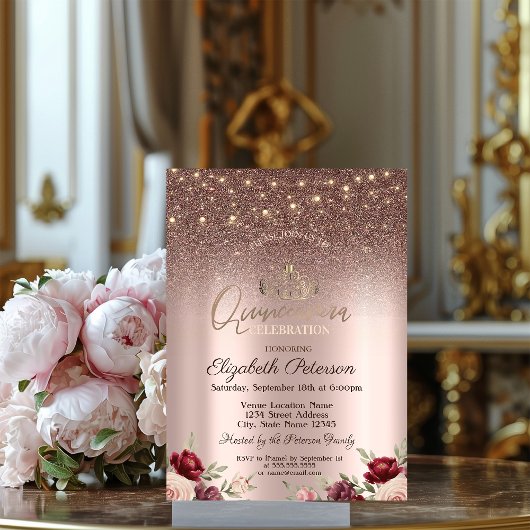 Leuchten, Burgunder Glitzer, Rose Gold Quinceañera Einladung