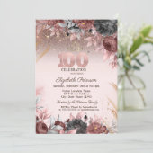 Leuchten, Chic Blume Glitzer 100. Geburtstag Einladung (Stehend Vorderseite)