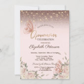 Leuchten, rosa Blume Glitzer Schmetterlinge Quinke Einladung (Vorderseite)