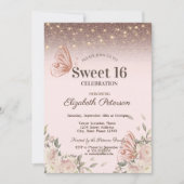 Leuchten, rosa Blume Glitzer Schmetterlinge Süß 16 Einladung (Vorderseite)