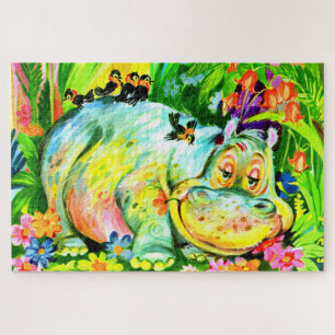 leuchtend bunter Hippopotamus und Vögel Puzzle