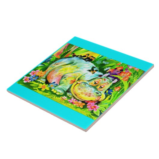 leuchtend farbige Nilpferde und Vögel Fliese (Seite)