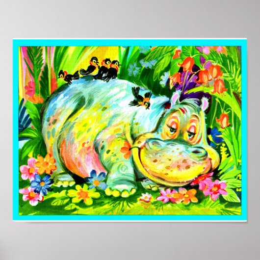 leuchtend farbige Nilpferde und Vögel Poster (Vorne)