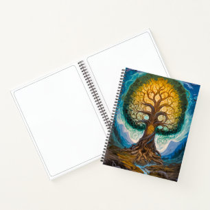 Leuchtend Gold Blau Yggdrasil Fantasy Baum Kunst Notizblock