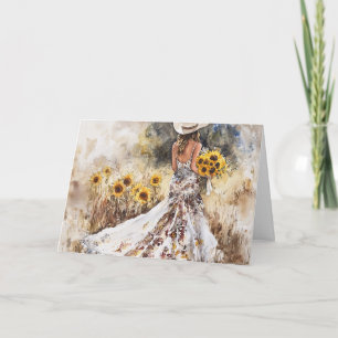 Leuchtend hell in Gown, Stiefeln und Sonnenblumen Karte