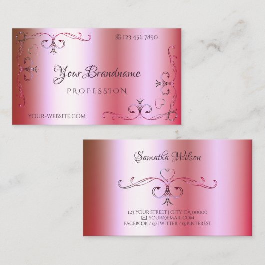 leuchtend rosa und grün glänzende Ornamentik Verzi Visitenkarte (Vorne/Hinten)