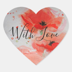 Leuchtend rote Mohnblumen Aquarell flache Geburtst Herz-Aufkleber