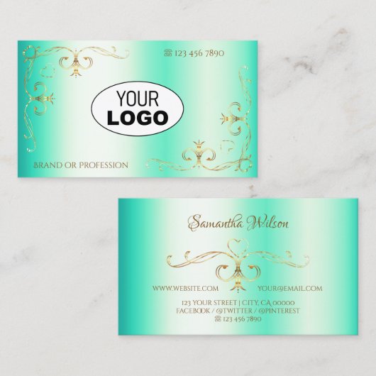 Leuchtende Aquamarine Gold Verziert Corner Border Visitenkarte (Vorne/Hinten)