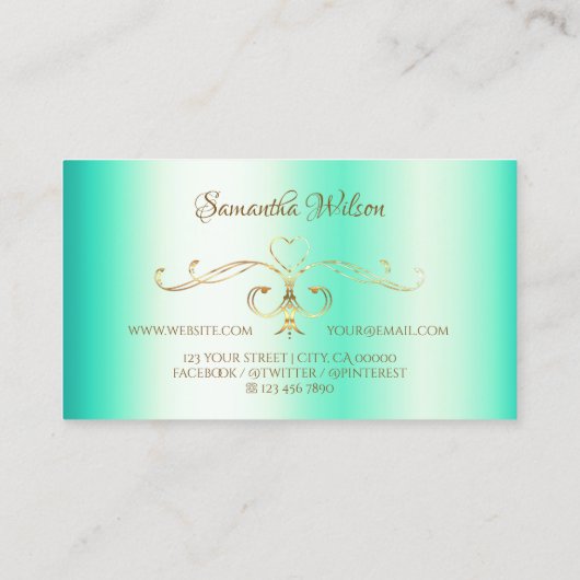 Leuchtende Aquamarine Gold Verziert Corner Border Visitenkarte (Rückseite)