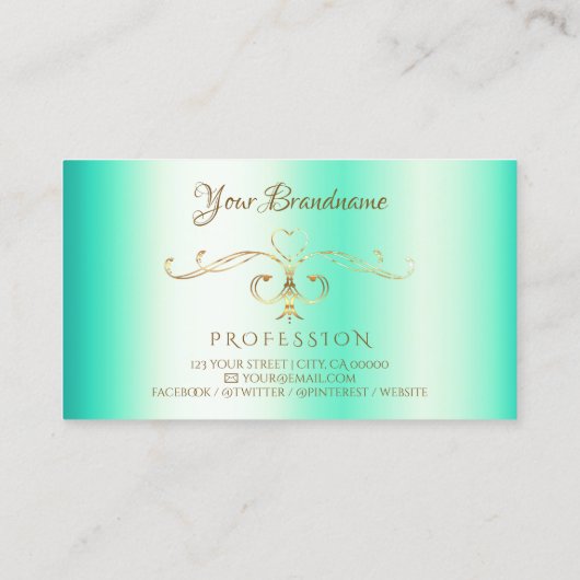 Leuchtende Aquamarine Gold Verziert Corner Border Visitenkarte (Rückseite)